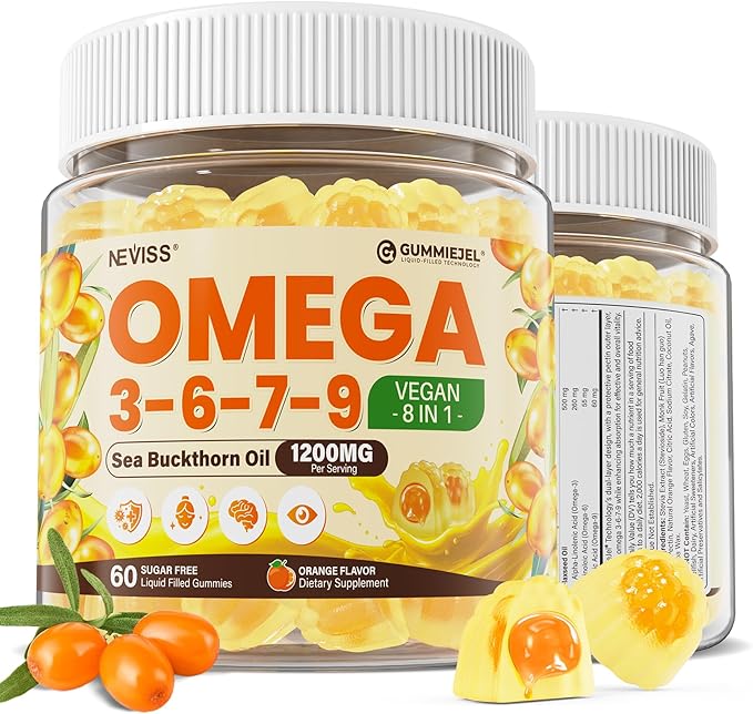 Omega 3-6-7-9 Gummies, Organic Sea Buckthorn Oil 1200MG & Flaxseed Oil 500MG, Vegan Omega 7 Supplement w/Vitamin A, C, E, Fatty Acids, No Fish Taste, Supports Skin, Eye, Immune, Brain Health, 60 Cts