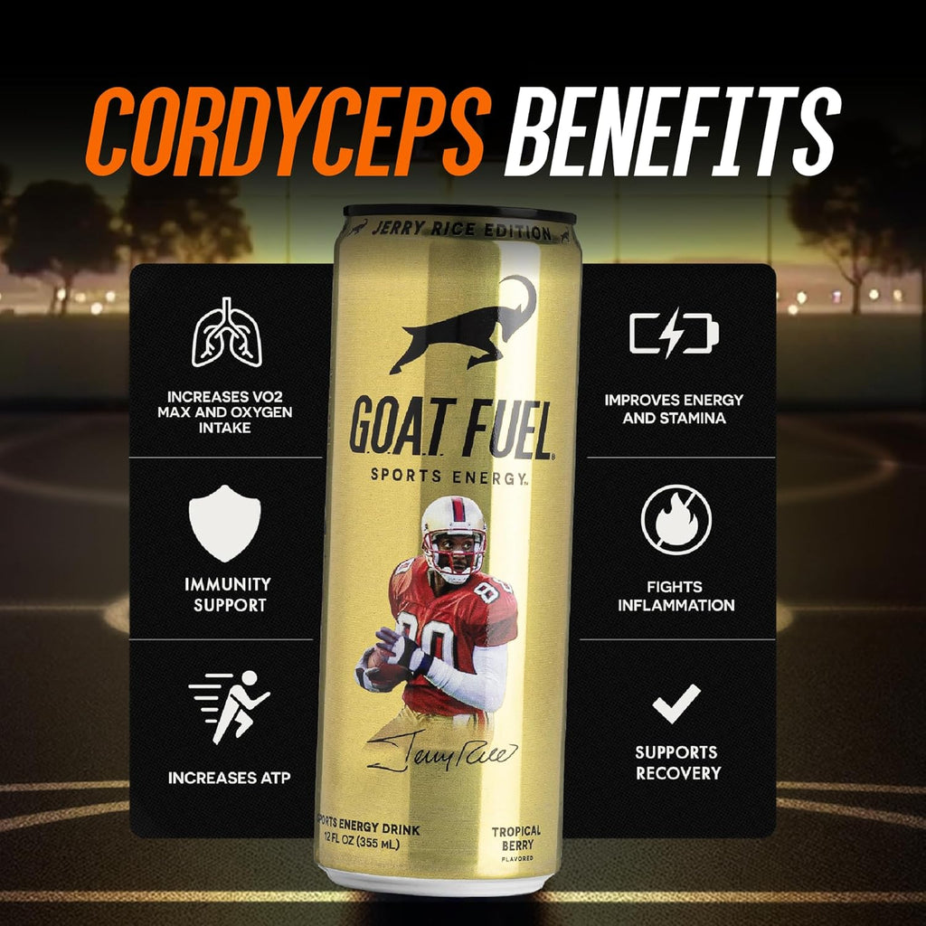G.O.A.T. Fuel Energy Drink, Co-Founded by Jerry Rice, Natural Caffeine, Electrolytes, BCAAs, Cordyceps Mushrooms & Antioxidants, Light Carbonation Pre Workout, 12 Pack, 12 FL Oz, Tropical Berry