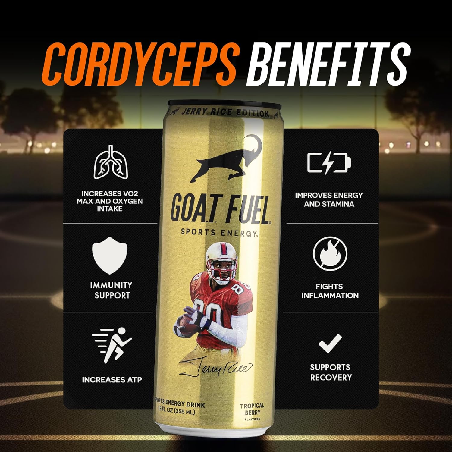G.O.A.T. Fuel Energy Drink, Co-Founded by Jerry Rice, Natural Caffeine, Electrolytes, BCAAs, Cordyceps Mushrooms & Antioxidants, Light Carbonation Pre Workout, 12 Pack, 12 FL Oz, Tropical Berry