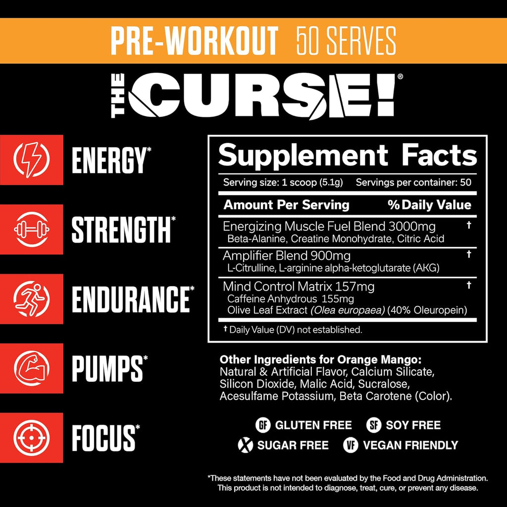 JNX SPORTS The Curse! Pre Workout Powder for Men & Women, Caffeine, Beta-Alanine, Creatine, L-Citrulline, 50 Servings, Orange Mango Flavor – Boost Energy, Strength & Focus