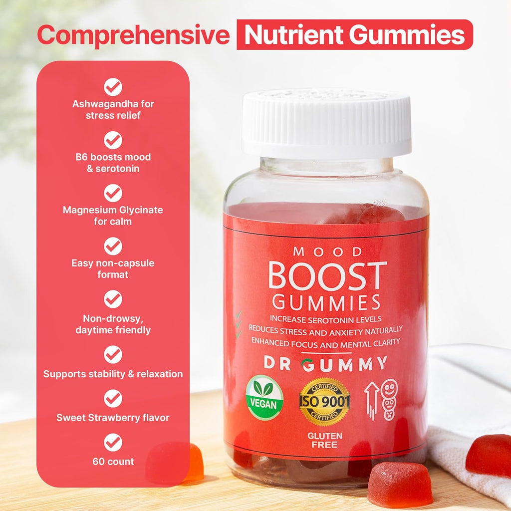 Mood Boost Gummies with 5-HTP, Ashwagandha, Magnesium Glycinate & L-Theanine – 60 Count – Stress Relief & Calm Chewables for Adults – Natural Mood Support Supplement for Relaxation Balance