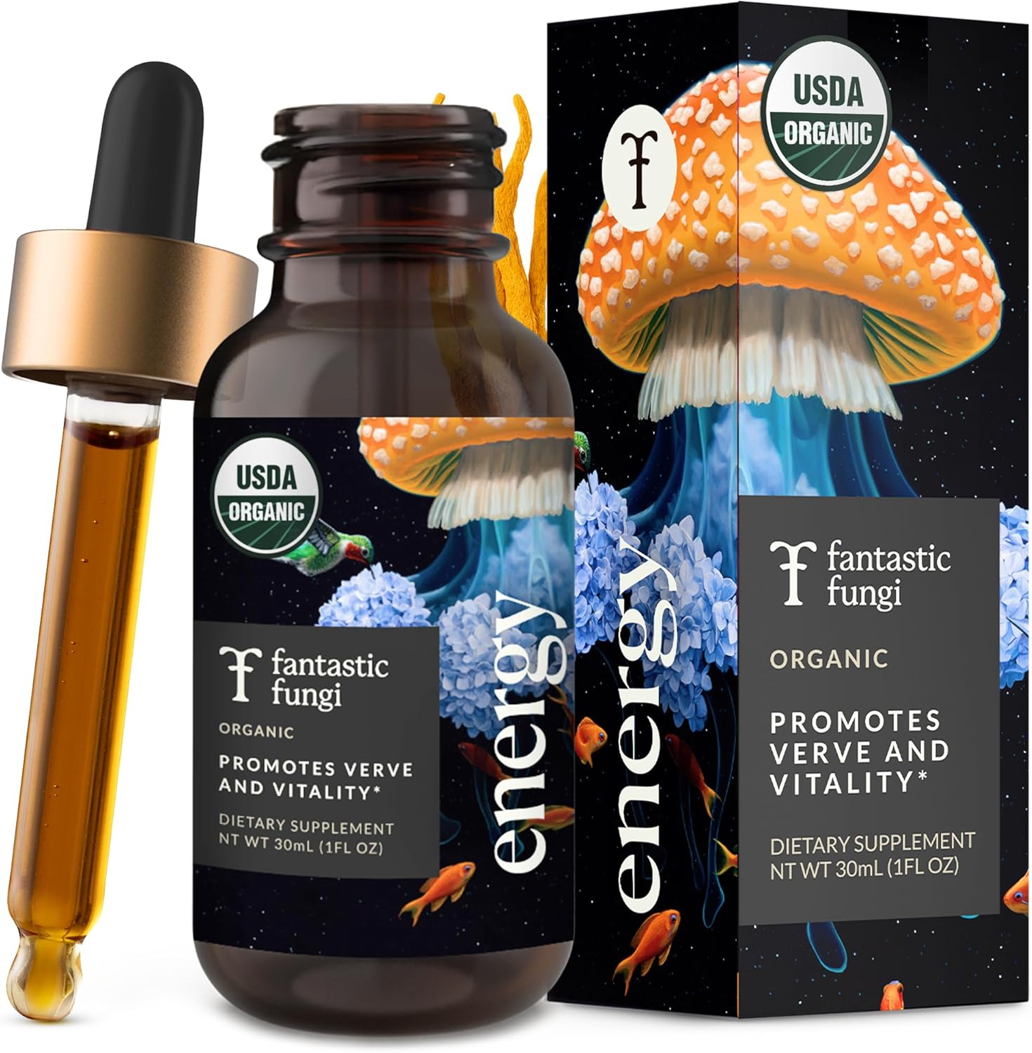 Cordyceps Mushroom Extract Liquid Fantastic Fungi Energy Elixir, 4-in-1 Vitality and Stress Support Supplement w/ Ginseng, Turkey Tail, Rhodiola - 100% Organic & Natural, 30 Servings, 1 fl oz