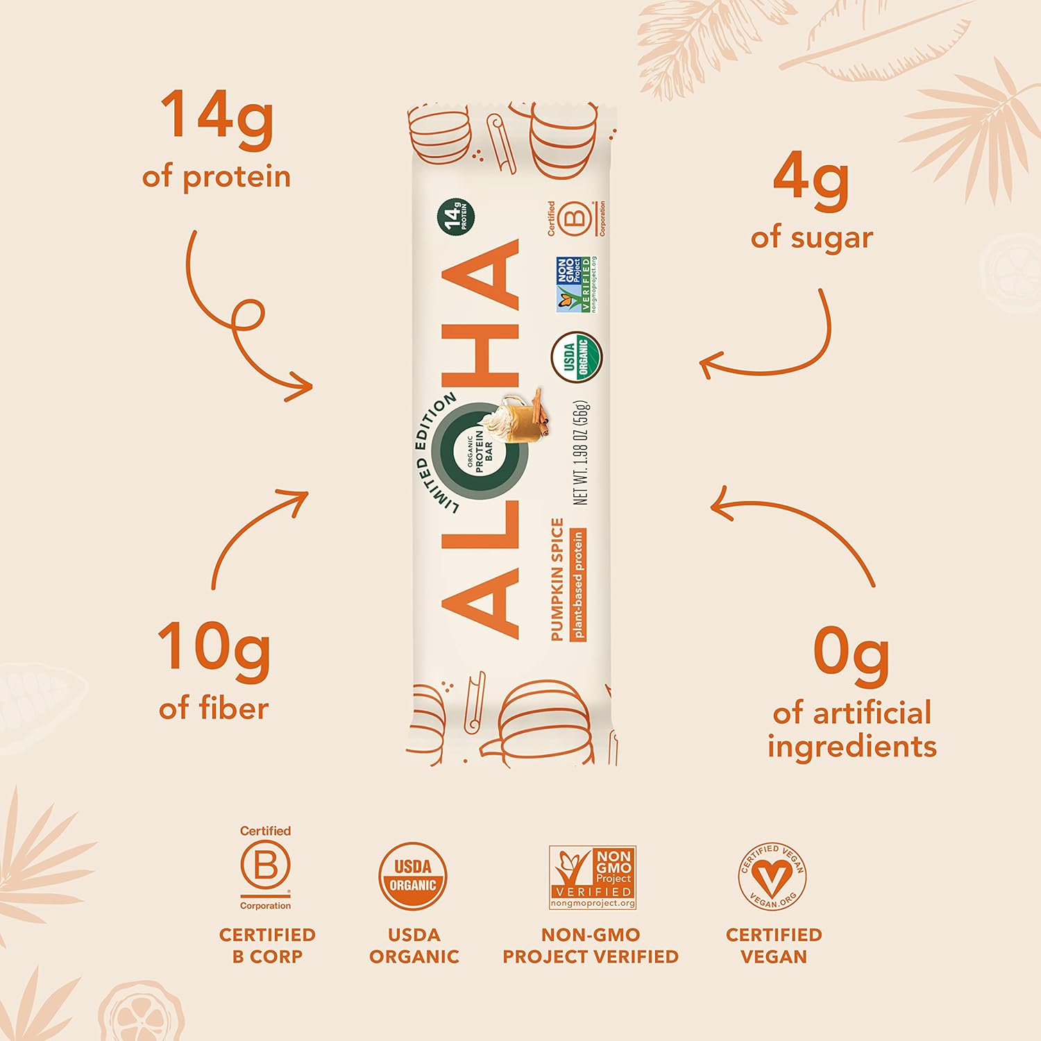 ALOHA Organic Plant Based Protein Bars - Pumpkin Spice, Vegan, Low Sugar, Gluten-Free, Low Carb, Non-GMO, No Stevia, No Erythritol - LIMITED EDITION, 12 Count (Pack of 1)