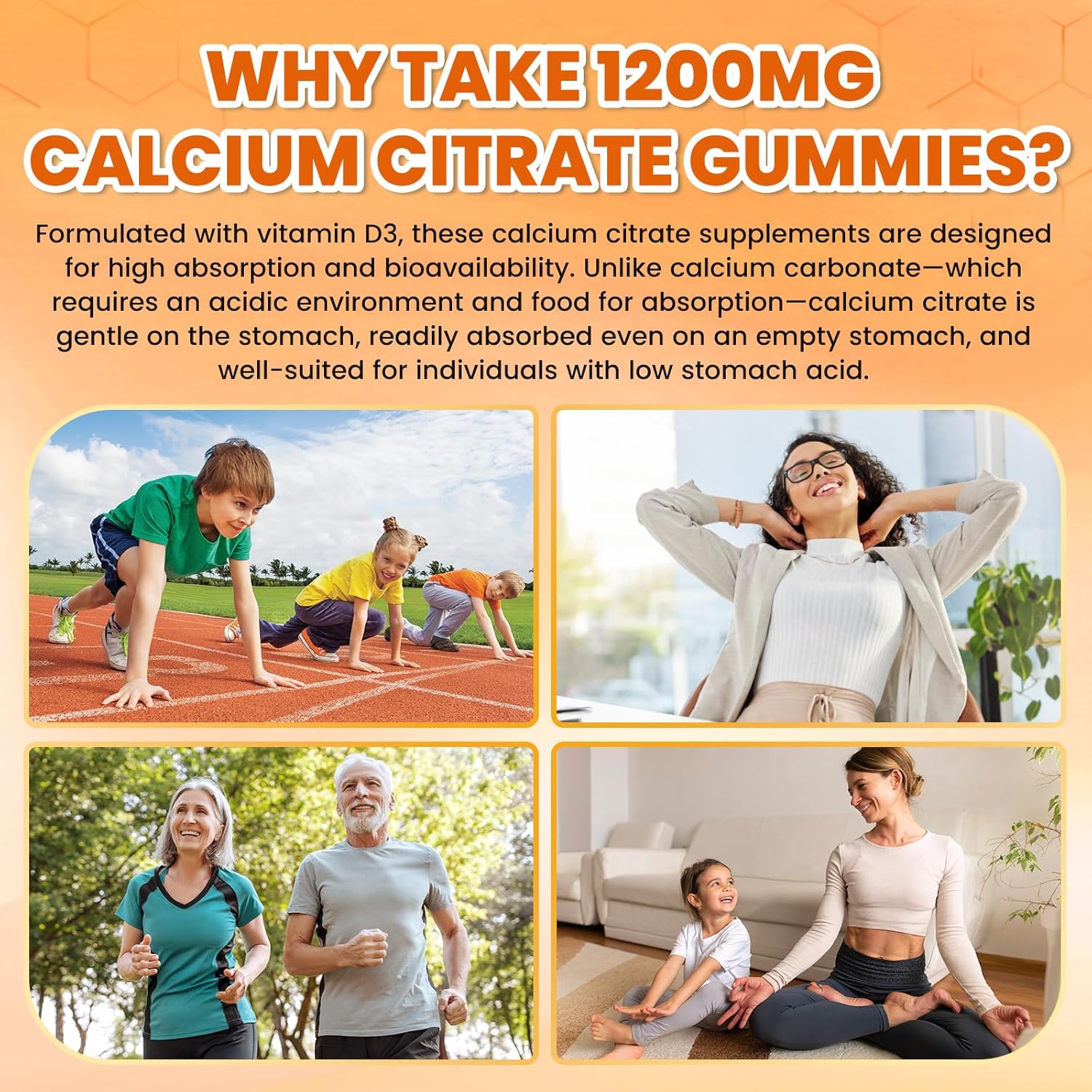 Calcium Citrate Gummies - 1200mg Calcium Gummies Supplements for Women & Men with Vitamin D3, K2, Magnesium, Zinc High Absorption for Bone, Muscle & Immune Support, Orange Flavor, 60 Count