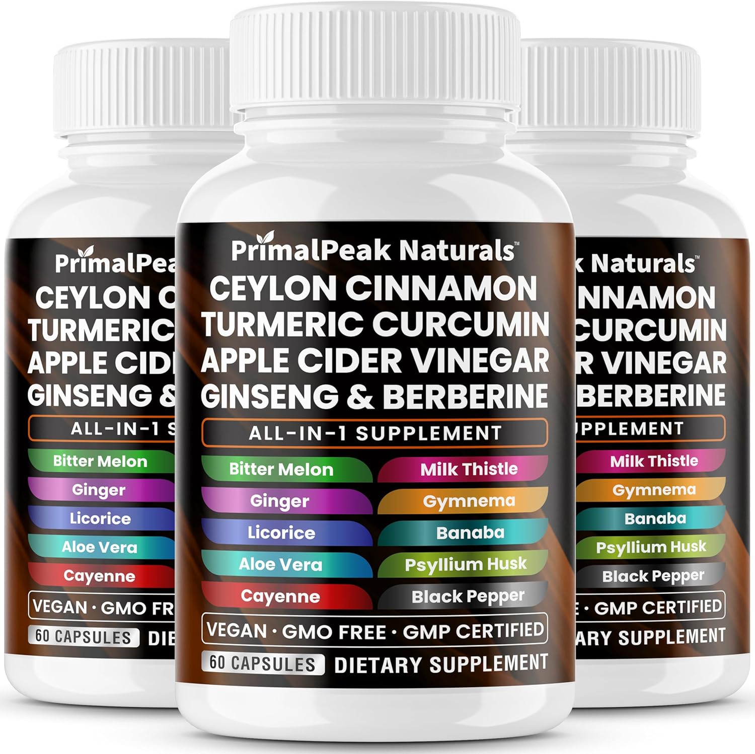 Ceylon Cinnamon Apple Cider Vinegar Turmeric Curcumin Panax Ginseng Berberine with Bitter Melon Banaba Milk Thistle Gymnema Sylvestre Vegan Capsules - 180 Count