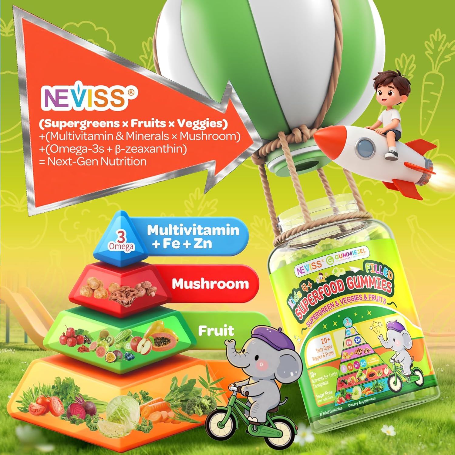NEVISS Kids Super Greens 40-in-1 Gummies w/Multivitamin, Omega3, Iron, Picky Eater Organic Super Fruits Veggies Gummy, Superfood Supplement, Mushroom, Lutein | Immune, Bone, Brain, Energy, Sugar Free