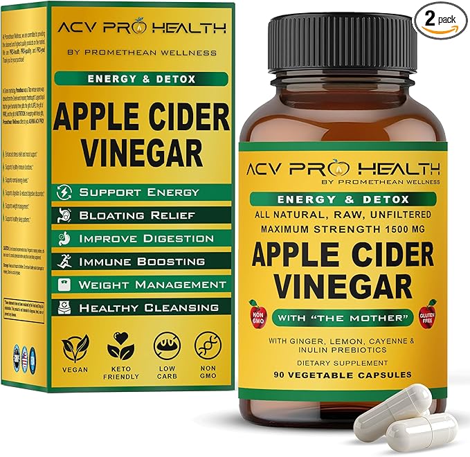 Promethean Wellness 2-Pack ACV Pro Apple Cider Vinegar Capsules Certified Organic with Mother ACV Pills Detox Cleanse Acid Reflux Relief Support Supplement Ginger Root Cayenne Pepper Powder