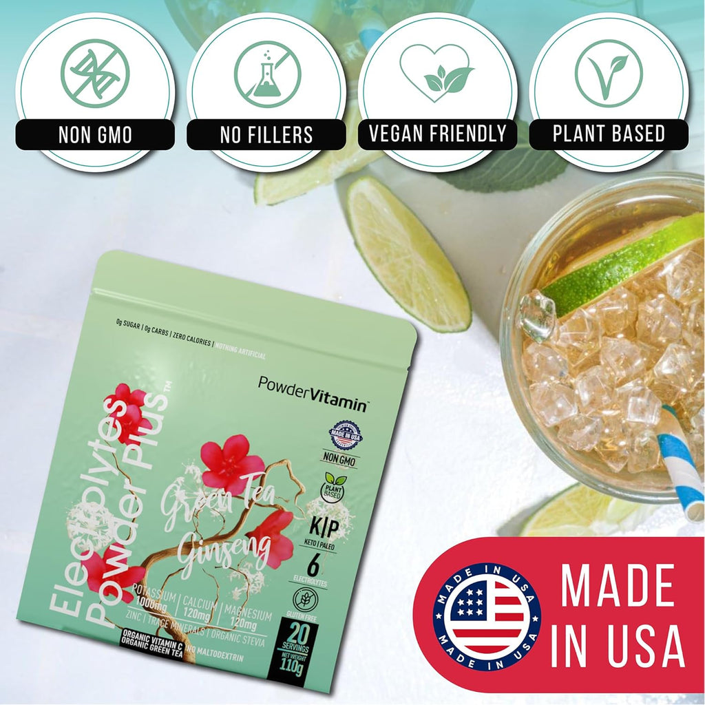 PowderVitamin Electrolytes Powder Plus (20 Servings) Green Tea Ginseng Electrolyte Powder Keto, Sugar Free, Pink Himalayan Salt,1000mg Potassium,120mg Calcium,120mg Magnesium, Hydration Powder