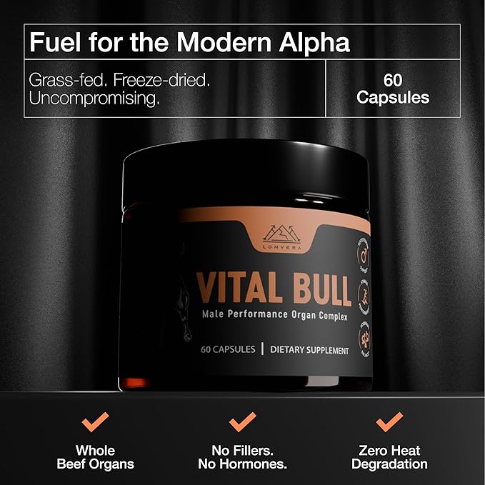 Vital Bull Beef Organ Supplement for Men with Grass Fed Liver, Testicle, Prostate & Bone Marrow – Freeze Dried Beef Organ Capsules for Nutrient Support – 90 Day Supply