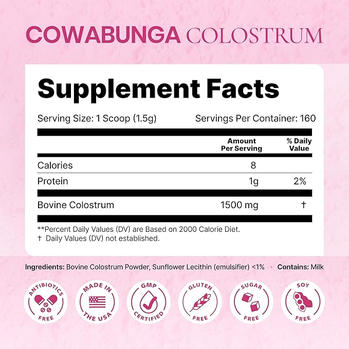 SonoHealth Cowabunga Colostrum - Premium, Pure & Unaltered Colostrum Powder Supplement - for Immune Support, Gut Health, Muscle Support & Wellness - Kosher & Halal Certified Calostro