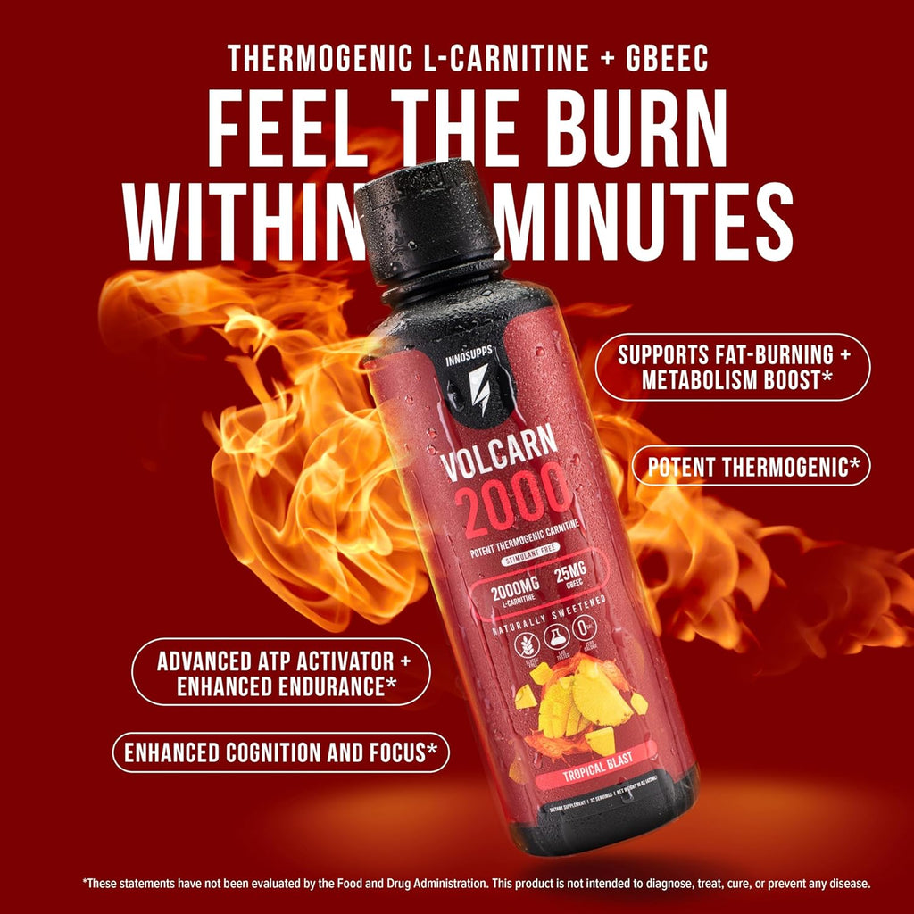 InnoSupps Volcarn 2000 - L-CARNITINE Advanced Energy Liquid | ATP Enhancer with GBEEC | Boosts Energy, Enhances Focus, Caffeine Free, No Artificial Sweeteners | 32 Servings (Tropical Blast)