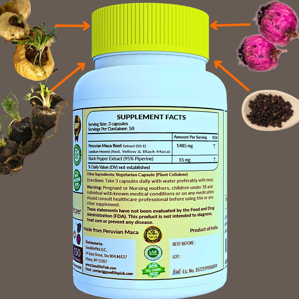 Peruvian Maca Root Capsules with Black Pepper 150 ct. Premium Yellow Maca Red Maca & Black Red Maca Powerful 10:1 All Type Maca Extract All Natural Non-GMO Vegan NO Rice Powder NO Stearate NO Silicon