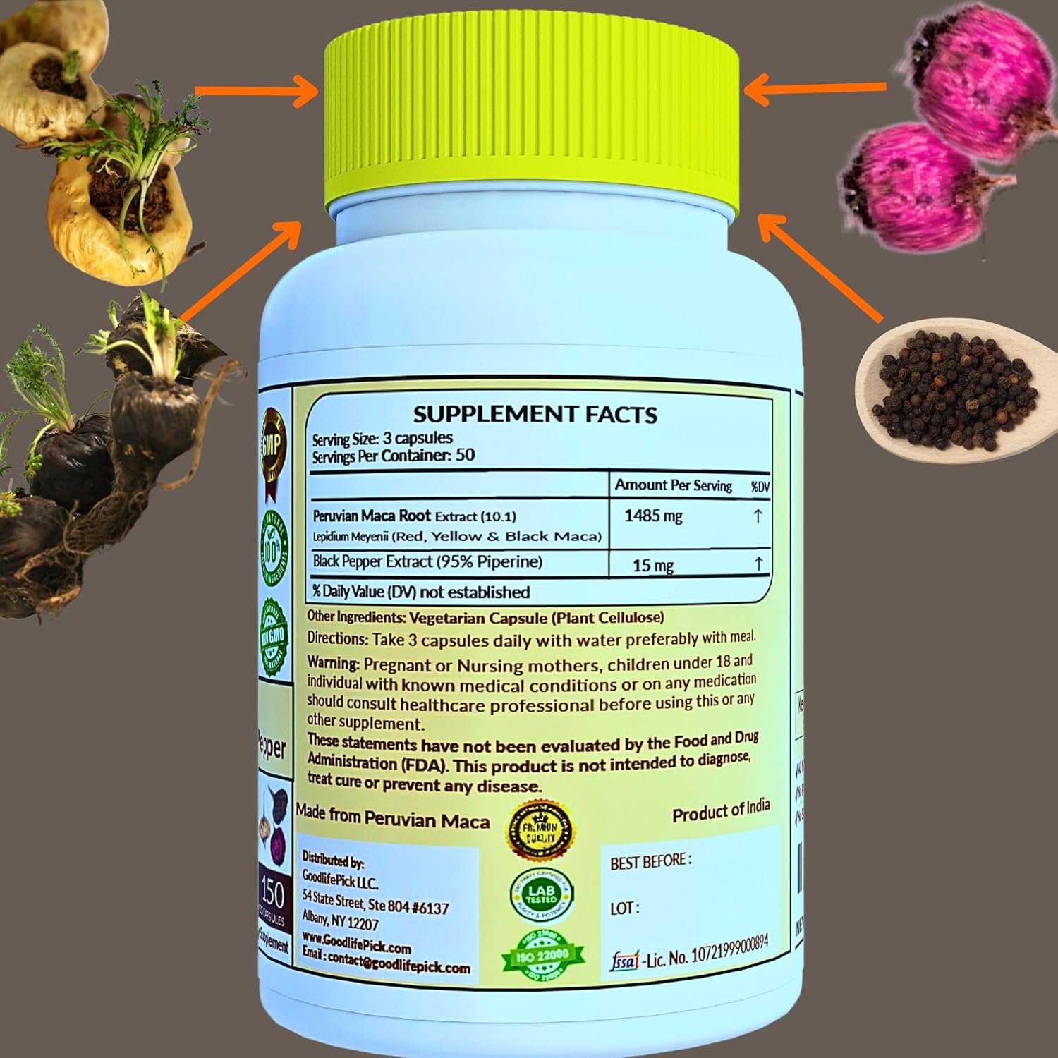 Peruvian Maca Root Capsules with Black Pepper 150 ct. Premium Yellow Maca Red Maca & Black Red Maca Powerful 10:1 All Type Maca Extract All Natural Non-GMO Vegan NO Rice Powder NO Stearate NO Silicon