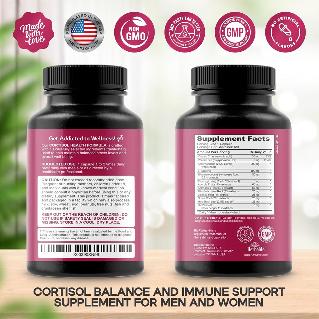Cortisol Manager Supplement and Balance Mood with Ashwagandha & L-Tyrosine, 120 Capsules, Helps Maintain Healthy Energy Levels and Stress Relief, Fatigue Reducer Pills
