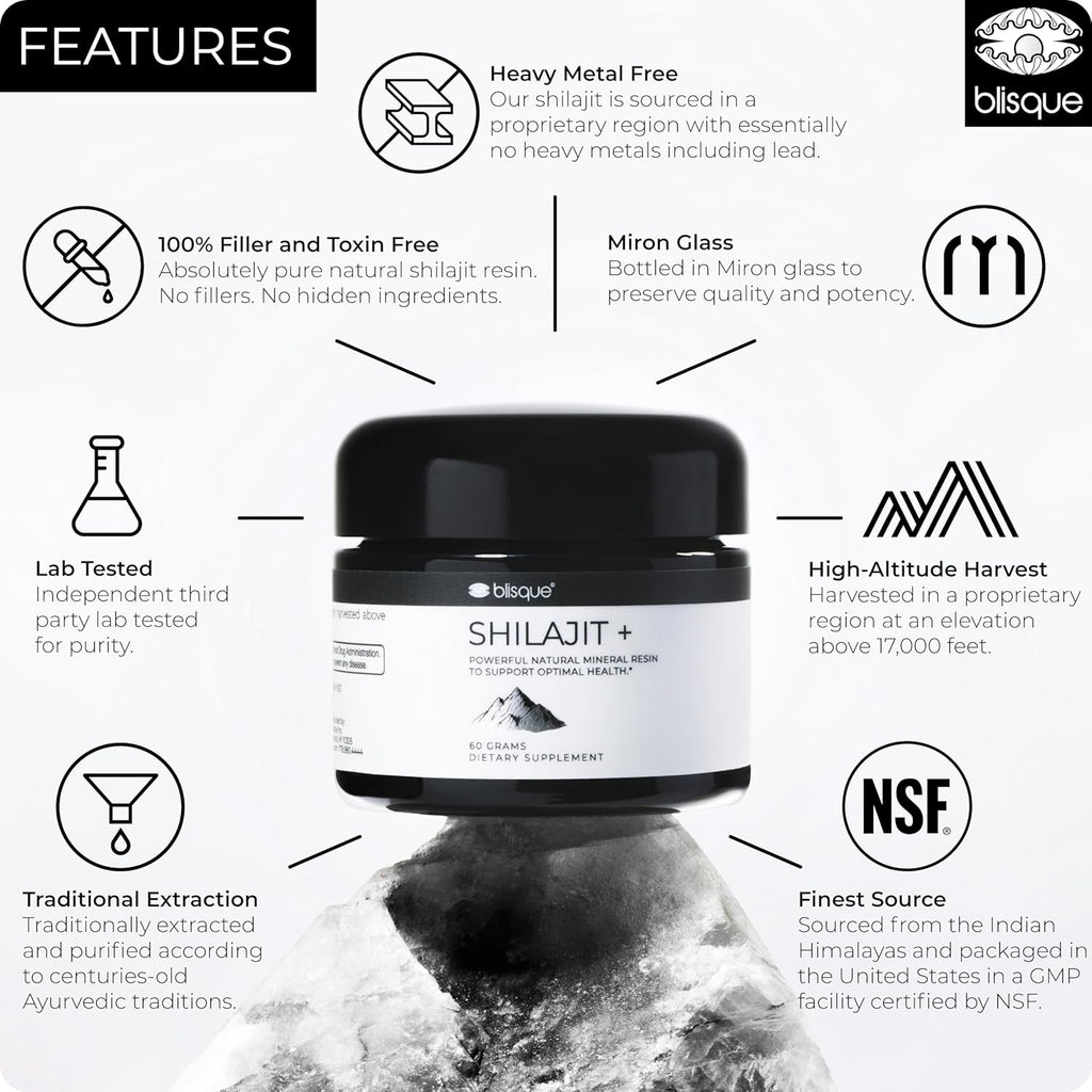 Blisque – Pure Himalayan Organic Shilajit Resin Supplement | Authentic and Natural | Golden Grade A | Contains Fulvic Acid and Trace Minerals | 60 Grams