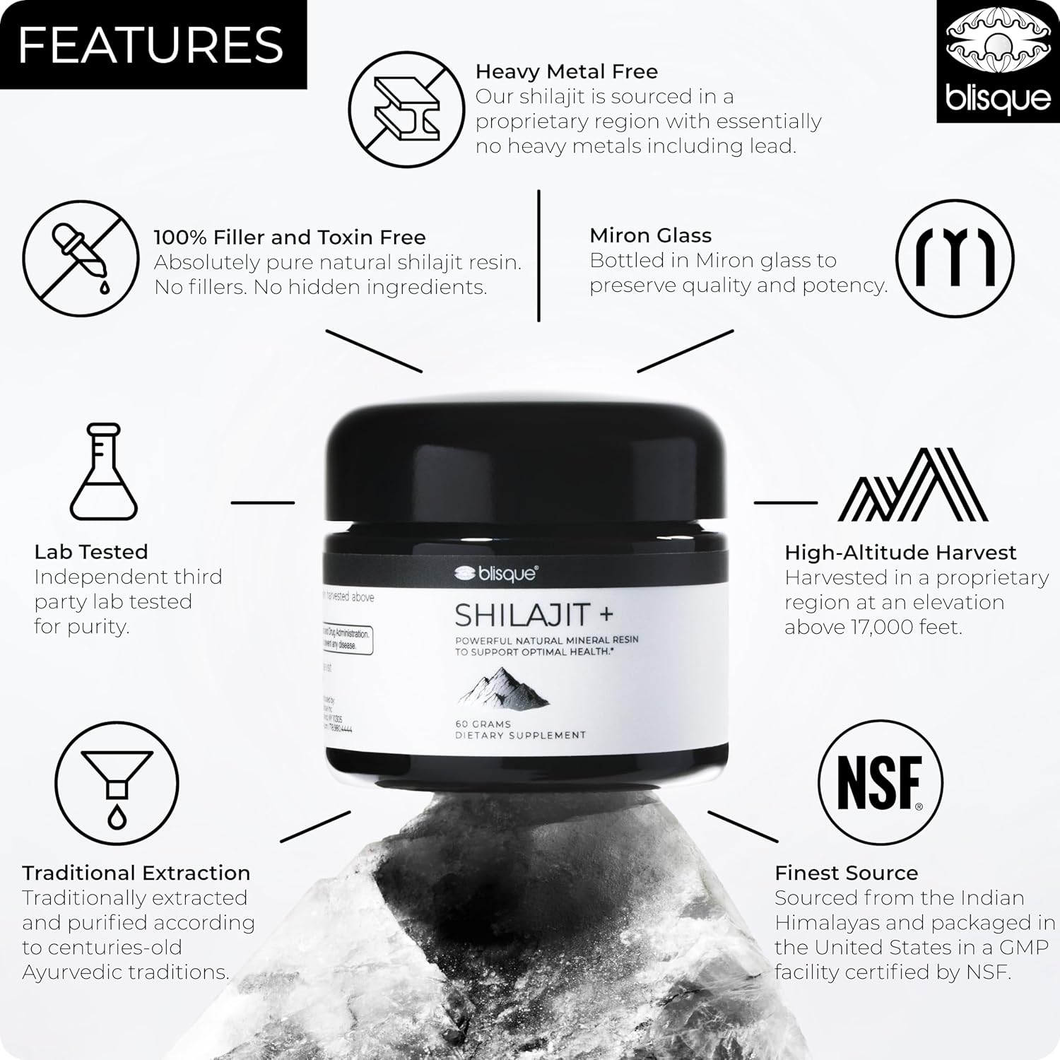 Blisque – Pure Himalayan Organic Shilajit Resin Supplement | Authentic and Natural | Golden Grade A | Contains Fulvic Acid and Trace Minerals | 60 Grams