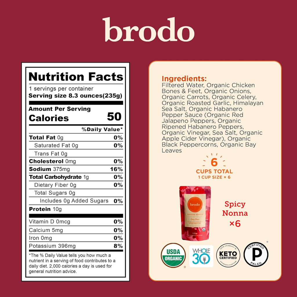 Brodo Spicy Nonna Roasted Garlic & Chili Chicken Broth Nutrient Dense, Chef Crafted Bone Broth in Single Serving Pouches Not Made From Concentrate, No Preservatives (6x 8.3oz Pouches)
