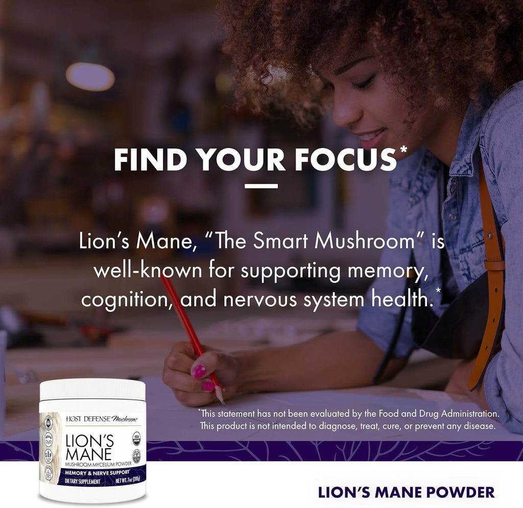 Host Defense Lion's Mane Powder - Brain Health Support Supplement - Mushroom Supplement to Support Focus & Memory Function - Immune & Nervous System Support Supplement - 7 oz (133 Servings)*