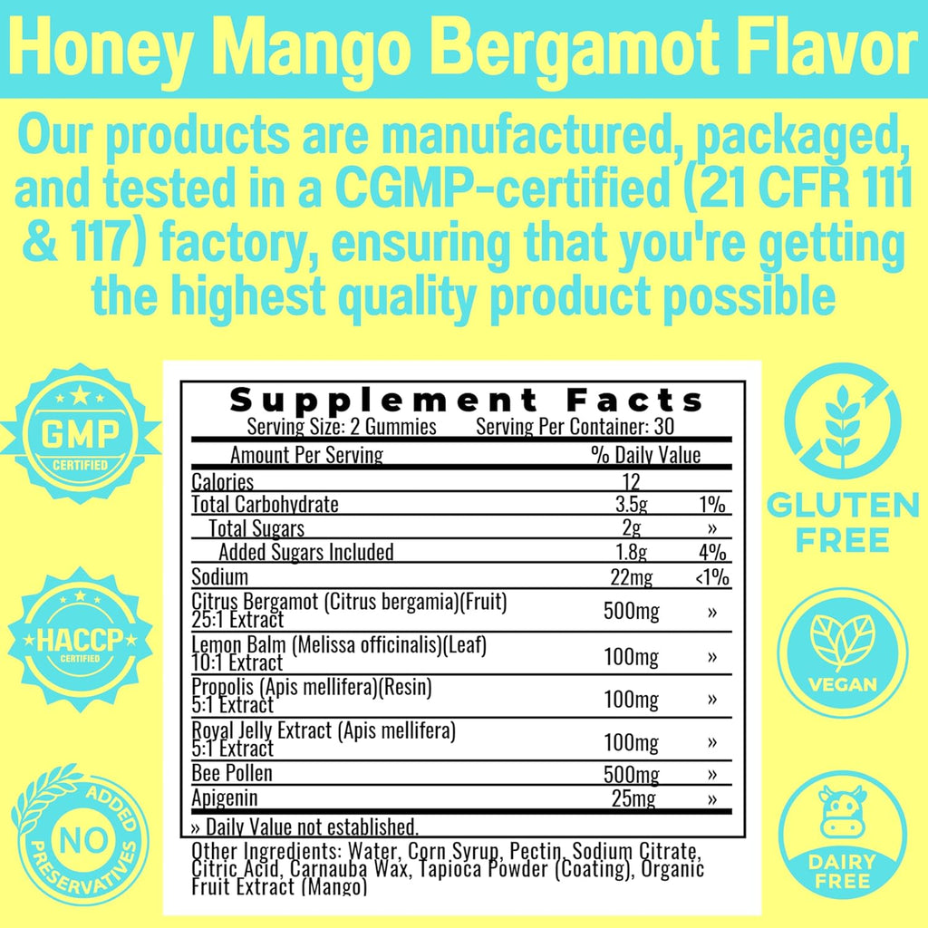 Bee Pollen Apigenin Citrus Bergamot Gummies w Organic Propolis Royal Jelly Honey Lemon Balm Extract, Supplement for Men Kids, Tincture Drops Powder Capsule Herb Capsules Supplements Alt, Pollan Polen