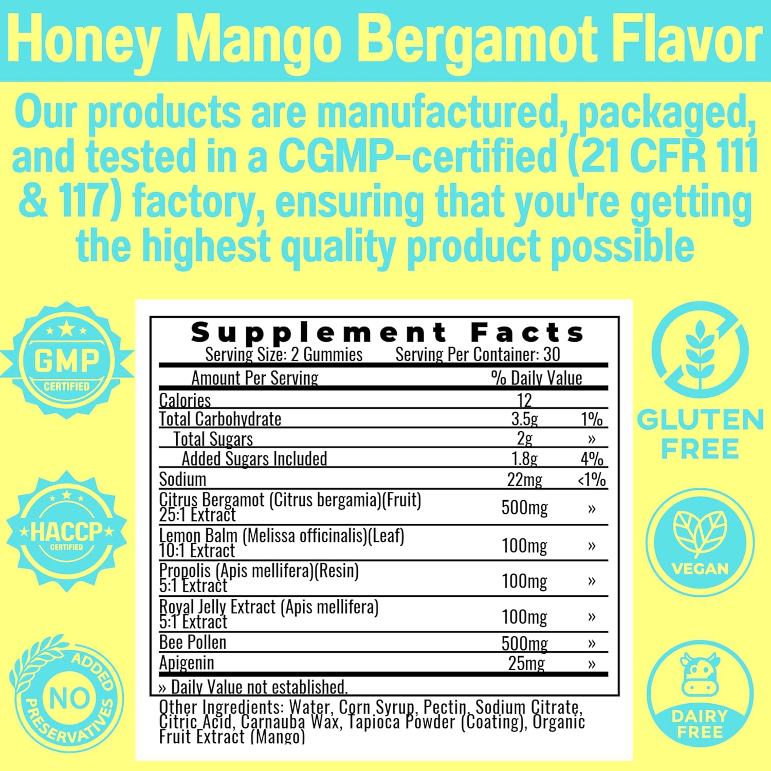 Bee Pollen Apigenin Citrus Bergamot Gummies w Organic Propolis Royal Jelly Honey Lemon Balm Extract, Supplement for Men Kids, Tincture Drops Powder Capsule Herb Capsules Supplements Alt, Pollan Polen