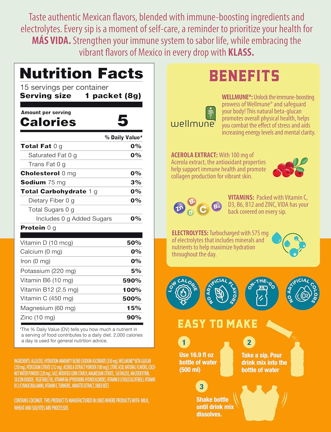 Hydration + Immunity Electrolyte Drink Mix – Mango Agua Fresca Flavor | Sugar-Free Powder with Wellmune®, Acerola, Coconut Water & Minerals | 15 Single-Serve Stick Packs, Natural Flavor