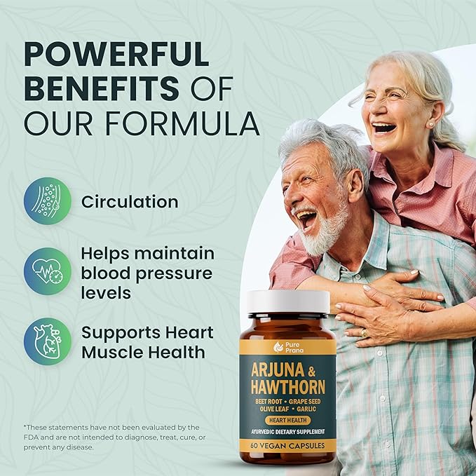Pure Prana Ayurvedic Heart Health Supplement - Arjuna Bark & Hawthorn with CoQ10, Beet Root & Grape Seed for Cardiovascular Support & Blood Pressure - Vegan Capsules - Non-GMO, Gluten Free