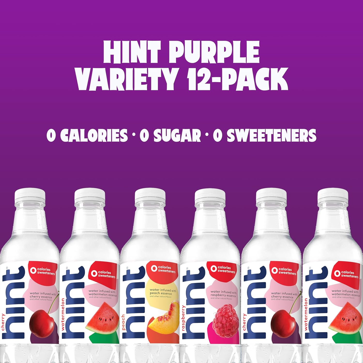 Hint Water Purple Variety Pack (Pack of 12), 16 Ounce Bottles, 3 Bottles Each of: Raspberry, Watermelon, Cherry, and Peach, Zero Calories, Zero Sugar and Zero Sweeteners