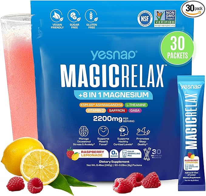 MAGICRELAX Calming Sparking Mix 8-in-1 Magnesium KSM-66 Ashwagandha Saffron Vitamin D3 GABA L-Theanine Supports Healthy Cortisol Levels,Mood and Sleep No Sugar Non GMO Raspberry Lemonade Flavor