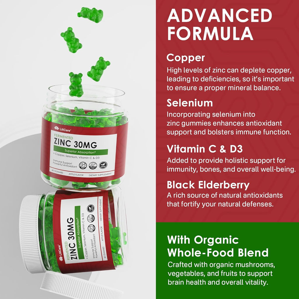 Zinc Gummies + Copper, Selenium, Vitamin C & D3, Fermented Zinc Supplements for Women and Men with Elderberry for Daily Immune Support, Powerful Antioxidant, High Absorption, Vegan, Sugar Free, 60 Cts