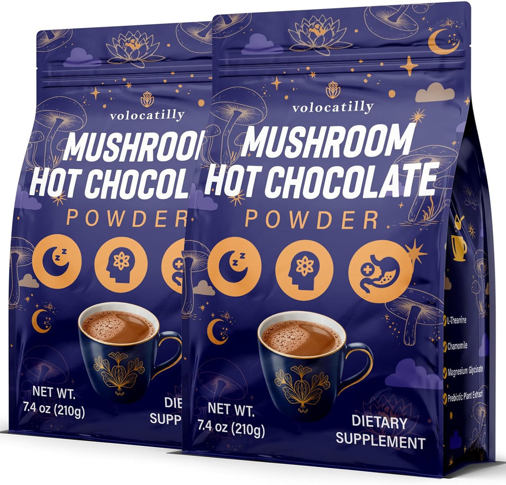 Mushroom Hot Cocoa with Magnesium Glycinate, Reishi, L-Theanine, Ashwagandha, Lemon Balm, Lavender, Cacao Powder Organic Hot Chocolate Supplement for Sleep, Relaxation, No Melatonin, 2P