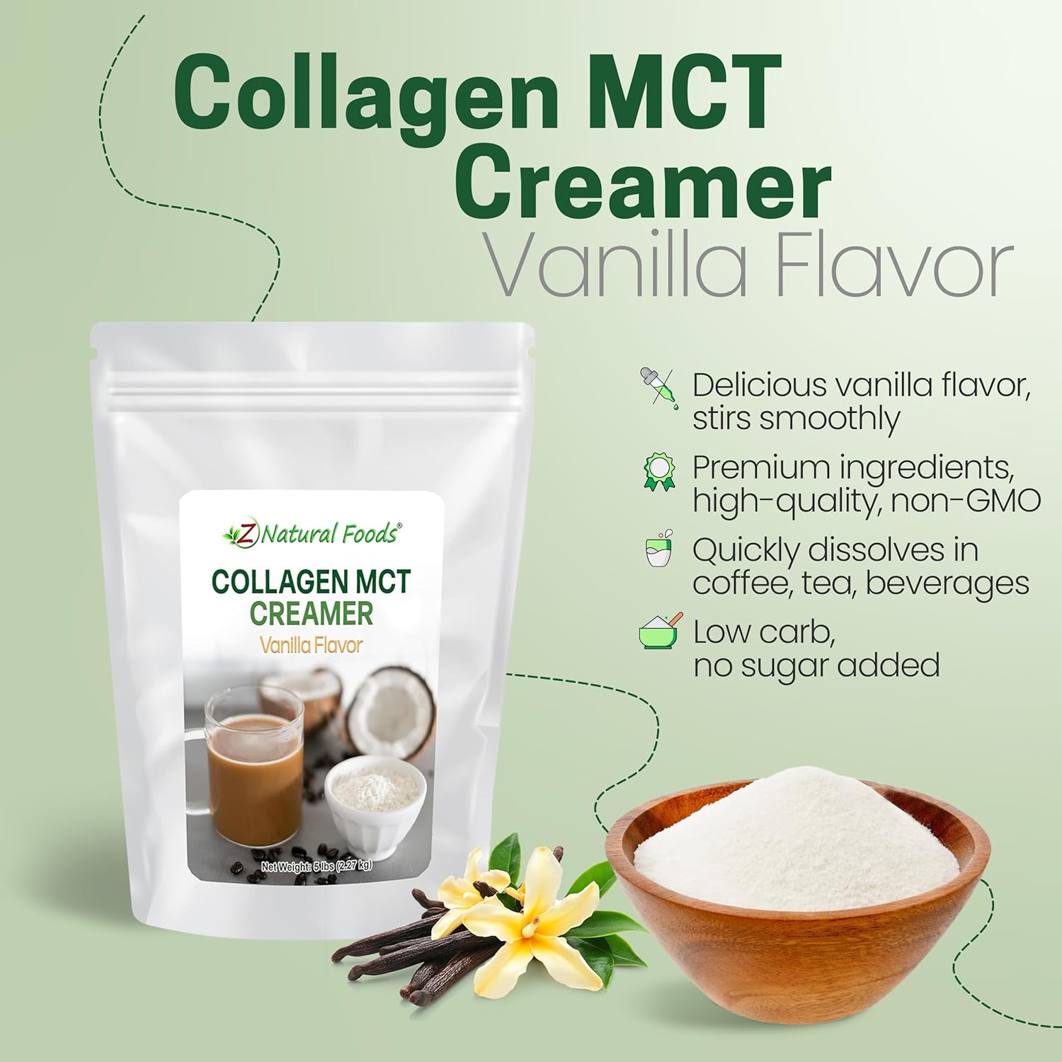 Z Natural Foods Collagen MCT Oil Creamer - Pure MCT Creamer Powder with Collagen Peptides - Collagen Creamer for Coffee, Tea & Culinary Use - Healthy Creamer, Keto & Paleo Friendly, Vanilla, 5 lb