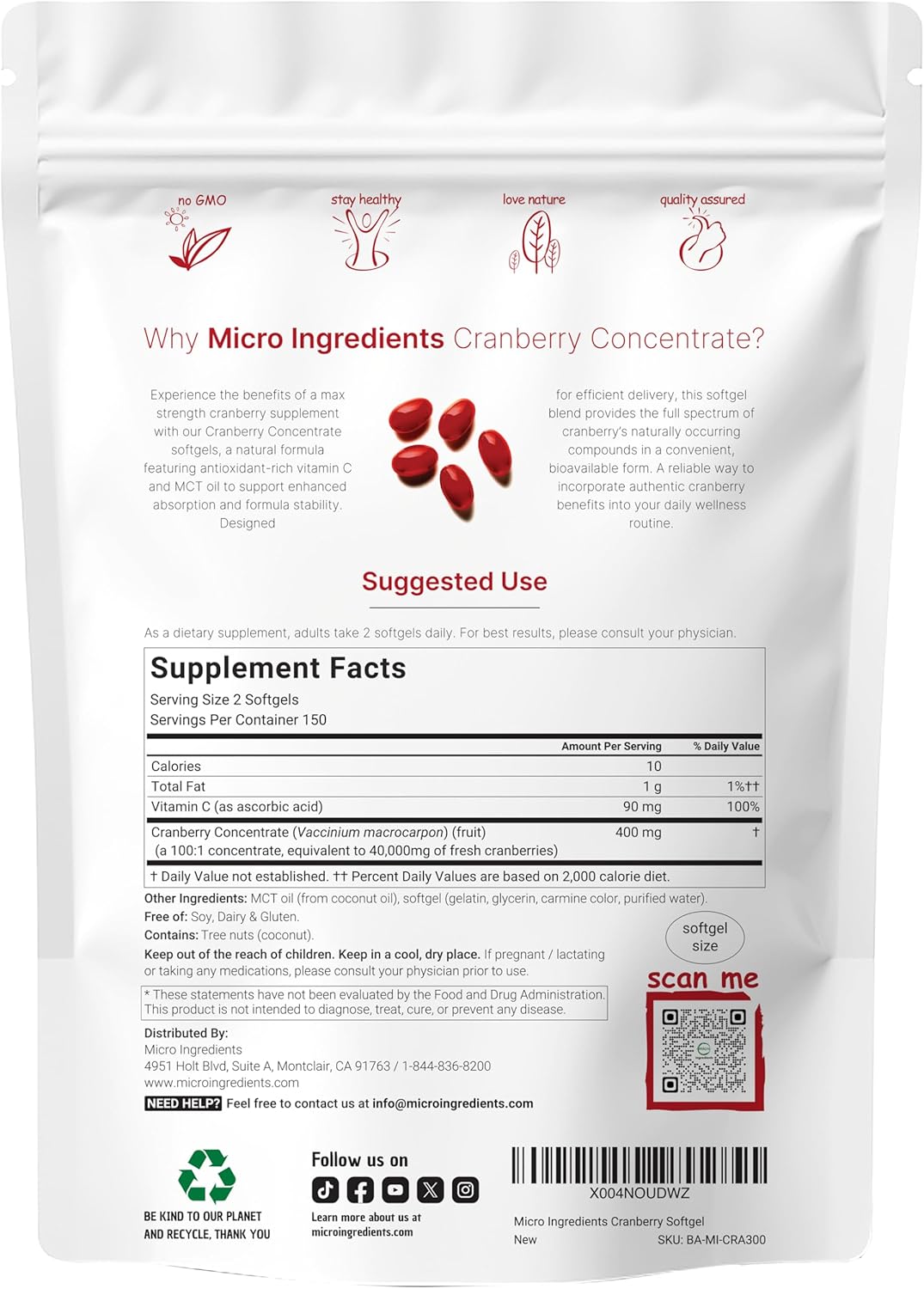 Micro Ingredients Cranberry Supplement for Women | 300 Softgels with Vitamin C & MCT Oil | Highly Bioavailable 40,000mg Equivalent Extract | Cranberry Pills for Women Support Urinary Tract Health