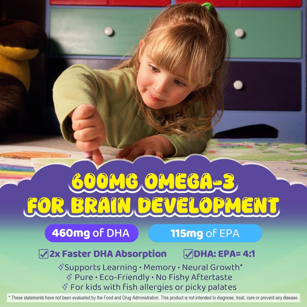 Omega-3 for Kids 4+, Algae EPA & DHA Gummies Plus Vitamin D3 K2, Choline & PS for Brain, Bone, Cognitive & Immune Health, Zero Sugar Children Ultra-High DHA Fish Oil Alternative Lemon Flavor, 60 Cts