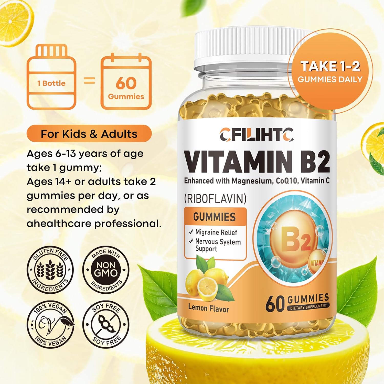 Vitamin B2 Gummies Riboflavin 400mg Supplement for Kids & Adults - Magnesium Glycinate, Zinc, CoQ10, Vitamin B12 - Migraine Relief & Energy, Nervous System Support, Sugar Free Lemon Flavor, 60ct