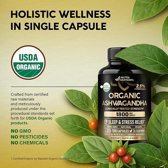 Ashwagandha Supplements 1800mg - USDA Organic Ashwagandha for Women & Men - Clinically Effective Strength for Stress Relief & Sleep - Powder & Root Extract 2.5% Withanolides - Made in USA 100 Capsules