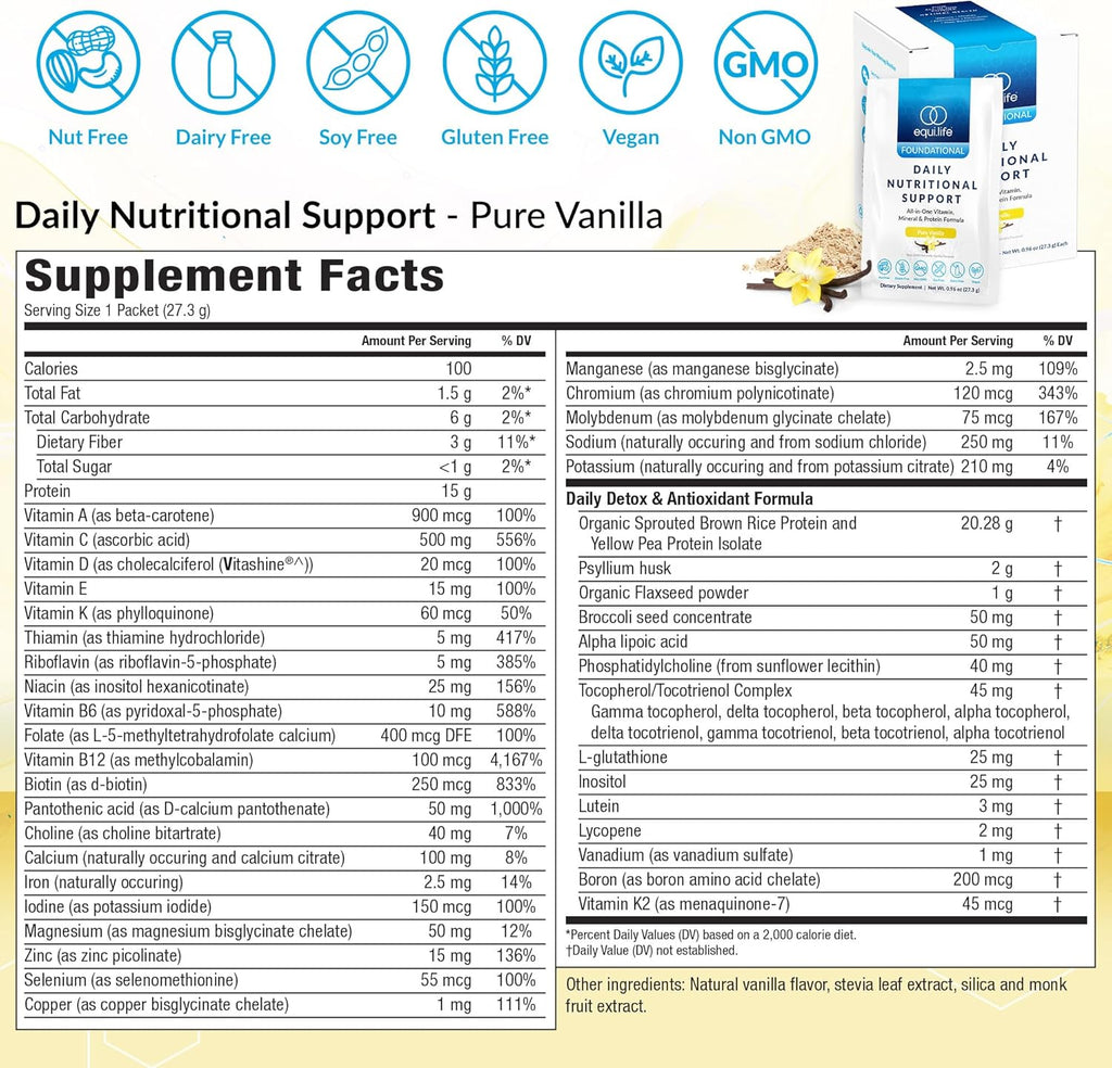 Equilife Daily Nutritional Support, All-in-One Multivitamin Meal Replacement, Pure Vanilla Flavor, 15G Plant Protein, Supports Overall Wellness Including Energy, Digestion, & Skin, 14 Packets