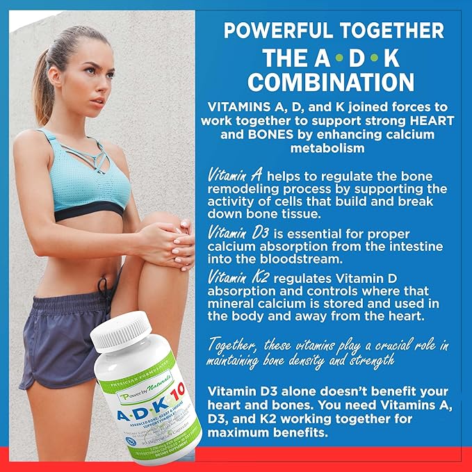 Power By Naturals ADK Vitamin Supplement – ADK 10 High Potency with Vitamins A, D3 10,000 IU & K2 MK7 for Bone Health – Vitamin A D K Supplement – 90 Capsules, 2 Pack (6-Month Supply)