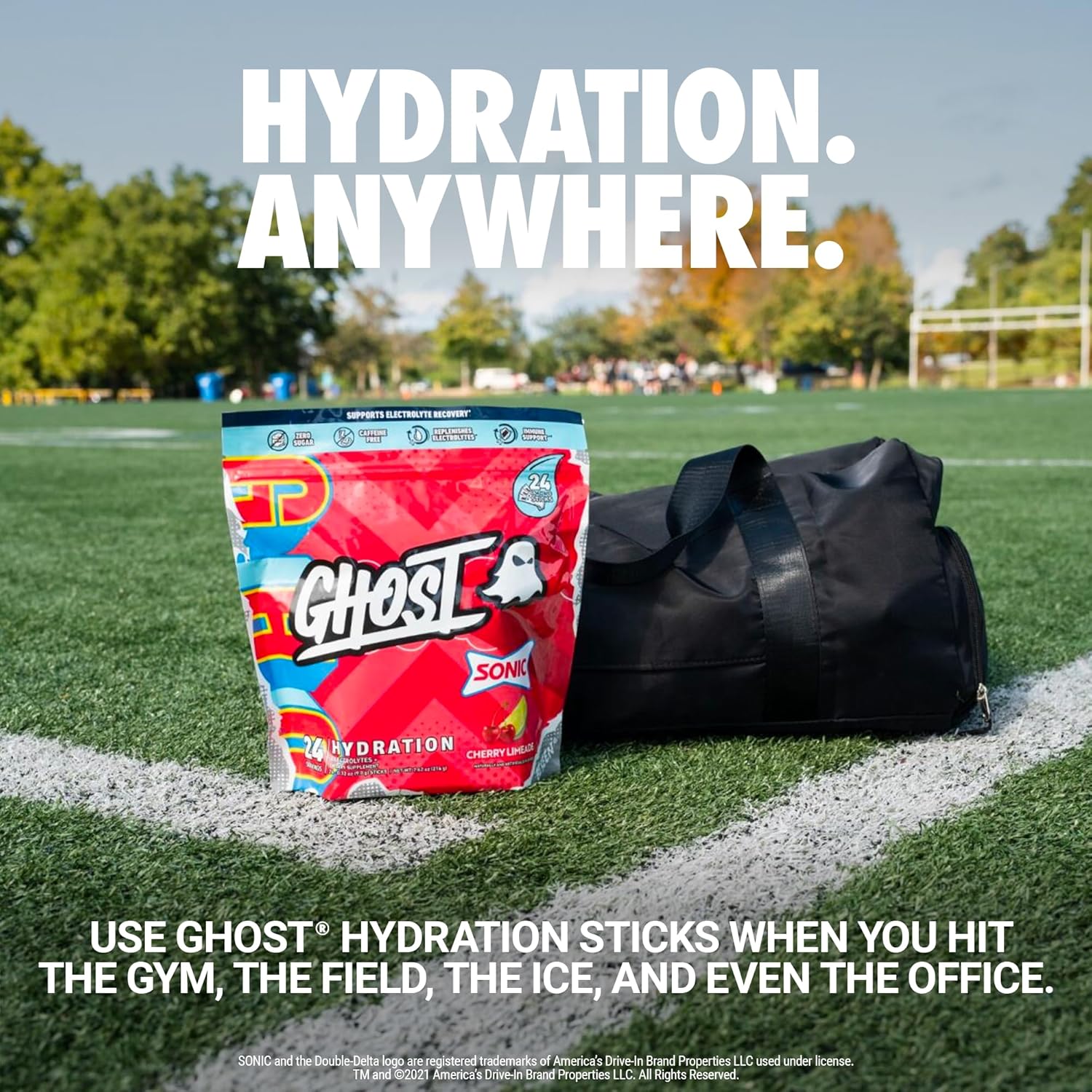 GHOST Hydration Packets, Sonic Cherry Limeade, 24 Sticks, Electrolyte Powder - Drink Mix Supplement with Magnesium, Potassium, Calcium, Vitamin C - Vegan Friendly, Free of Soy, Sugar & Gluten