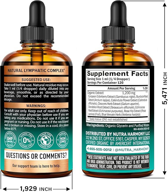USDA Organic Lymphatic Drainage Supplement - Echinacea | Elderberry | Dandelion | Rosehip | Cleavers | Calendula | Burdock - Made in USA - Lymph System Drops - Immune Support, Cleanse & Detox, 4 fl oz