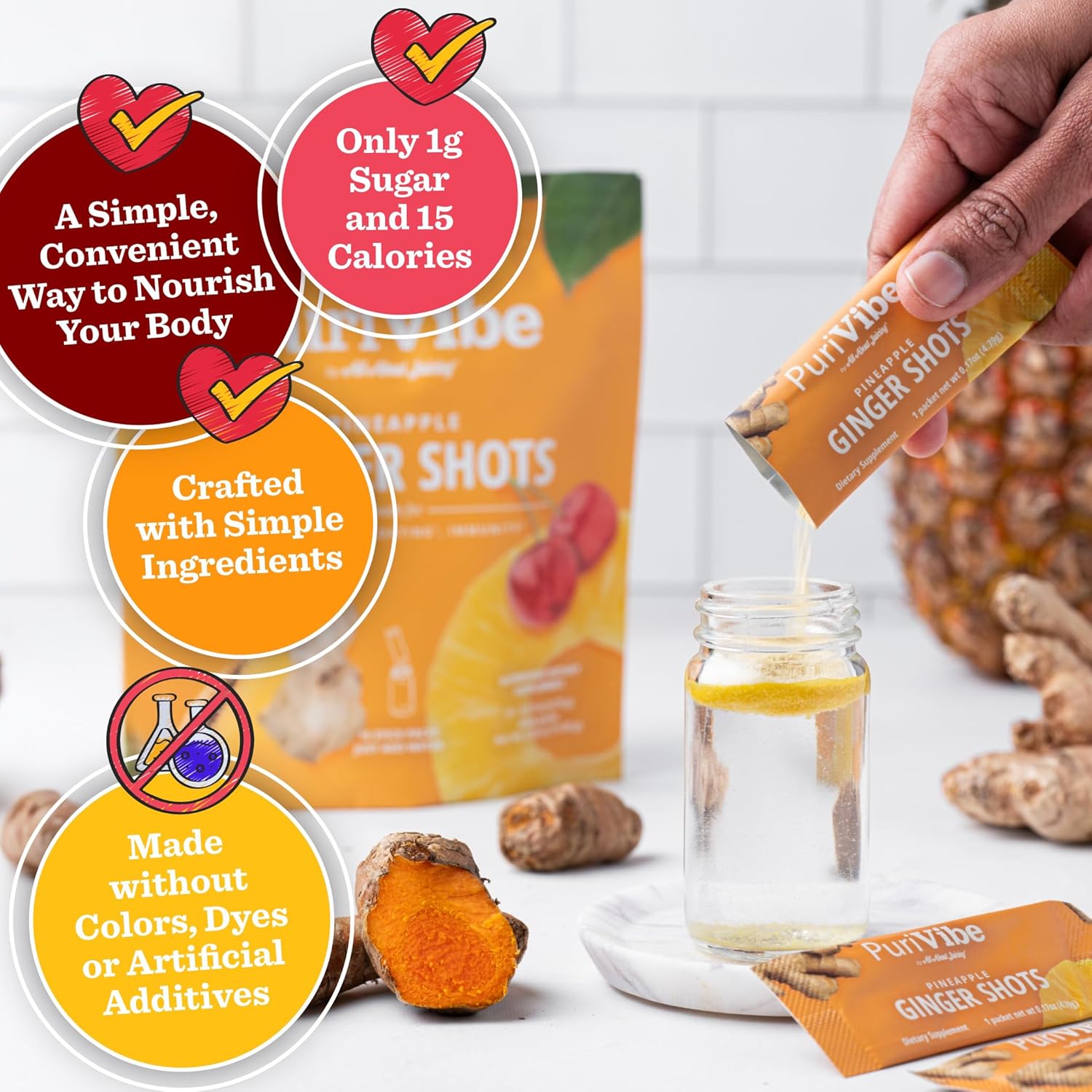 All About Juicing Ginger Shots with Pineapple & Turmeric - Superfood Juice Powder - Immunity, Digestion & Energy Support - 30 Wellness Stick Packs - PuriVibe