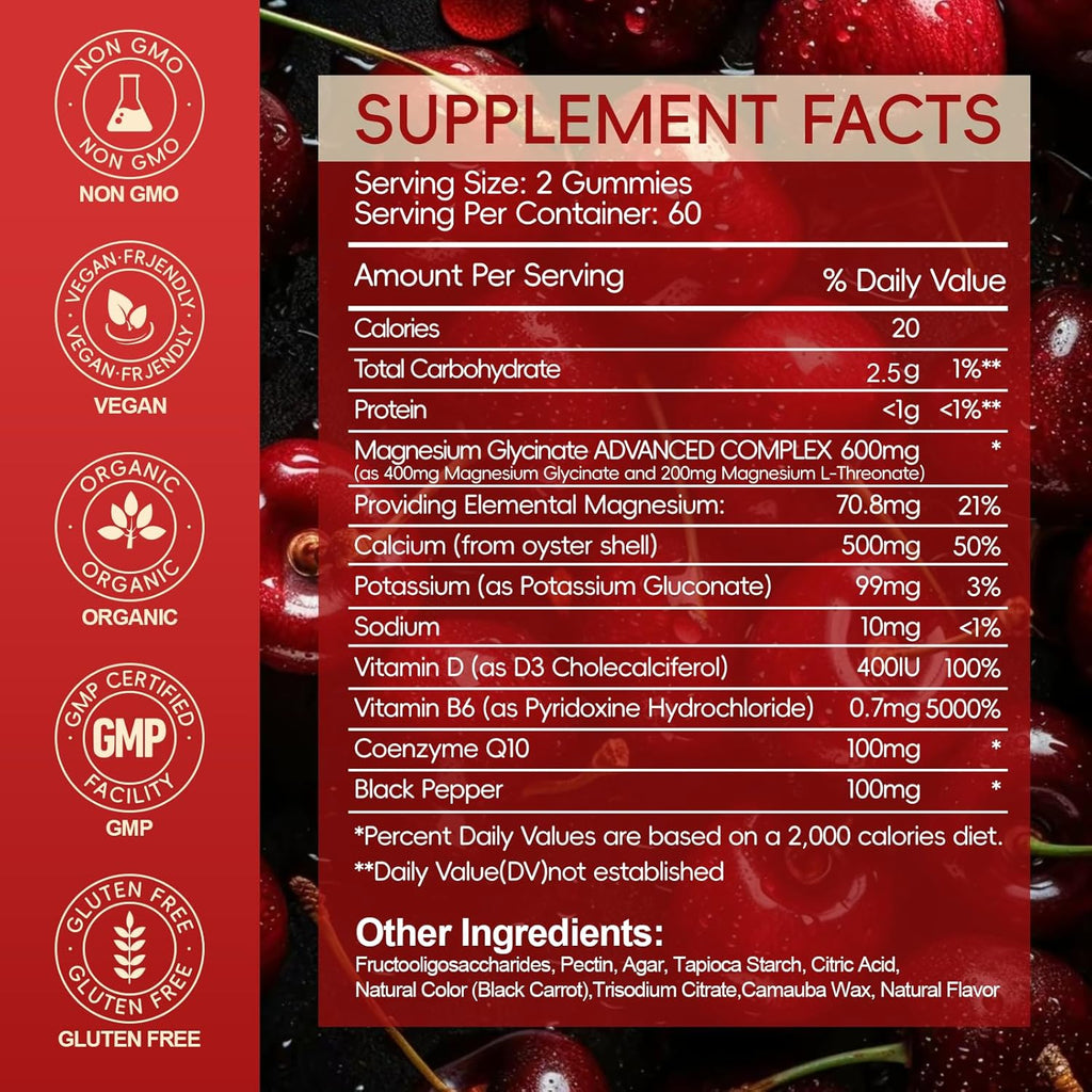 Magnesium Glycinate Gummies 600mg for Women and Men, High Absorption Magnesium Glycinate with Vitamin D, B6, and CoQ10 for Calm Support & Sleep, Sugar Free, Vegan, 120 Count