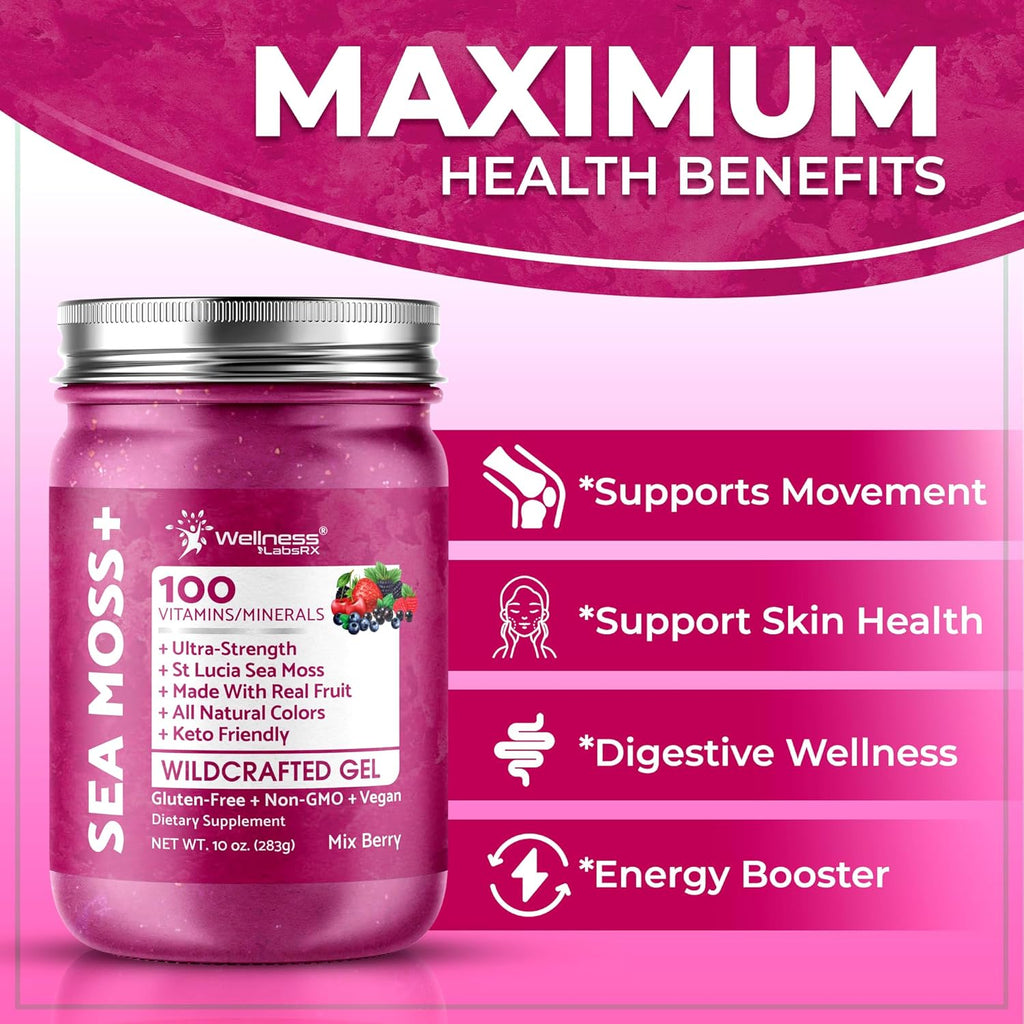 Irish Sea Moss Gel Raw - Wildcrafted Superfood Seamoss Gel - Mix Berry Flavor, Vitamin and Mineral-Rich from Pristine Caribbean Waters, Immune and Digestive Health Support - 10 oz.