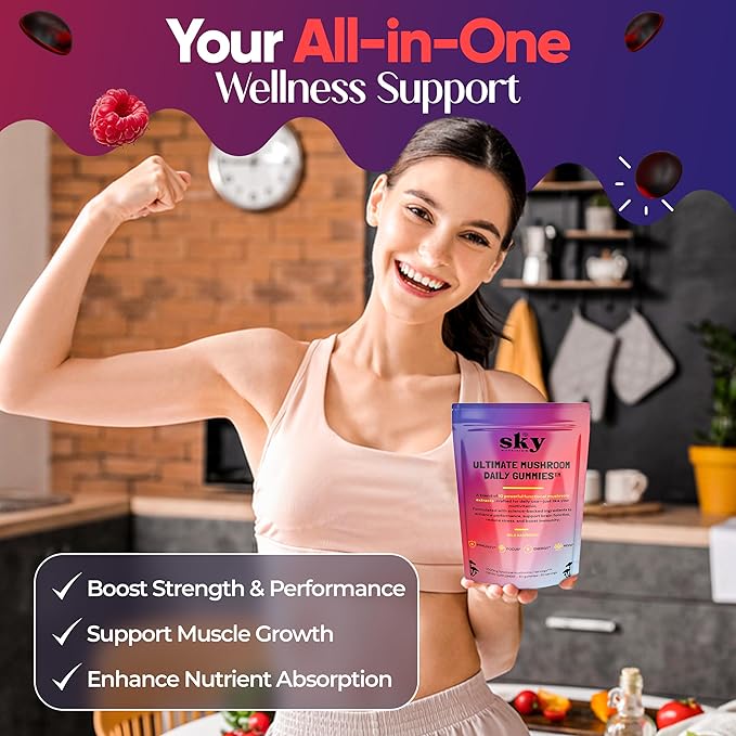 Mushroom Gummies - 10-in-1 Adaptogenic Mushroom Supplement for Adults - Lions Mane, Reishi, Cordyceps, Chaga, Turkey Tail - Raspberry Flavored Vegan Gummies for Focus & Energy - 60 Ct.