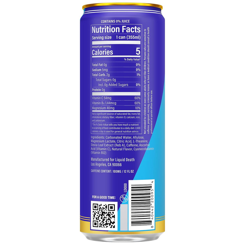 Liquid Death Sparkling Energy - Tropical Terror (Piña Colada Flavor), Sugar-Free Energy Drink, Unextreme Caffeine 100mg, Essential Vitamins, 12 Fl Oz (Pack of 12)