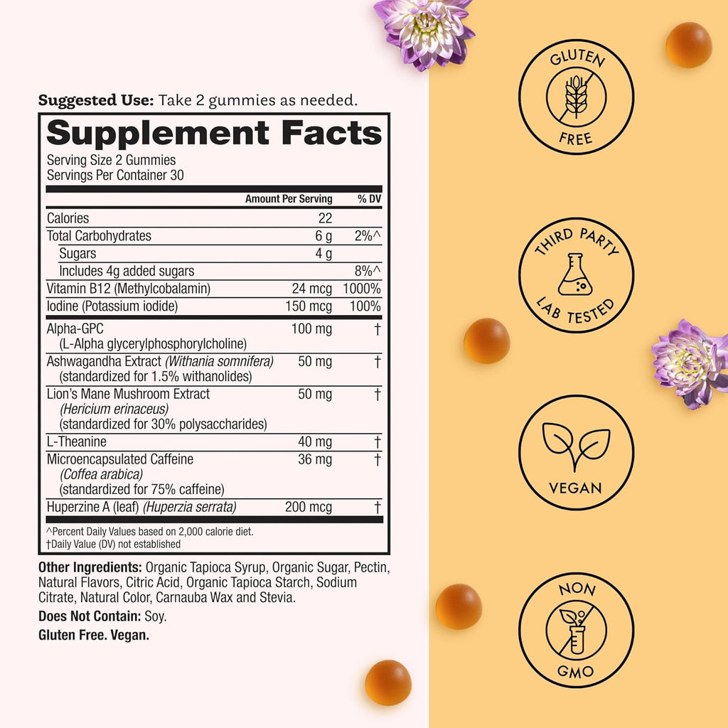 Winged Wellness Rise Up, Energy & Focus Gummies for Women - Daily Brain Boost Gummy Supplement with Natural Caffeine, Ashwagandha, B12, Nootropics Alpha-GPC & Lion’s Mane - Pineapple, 60 Gummies