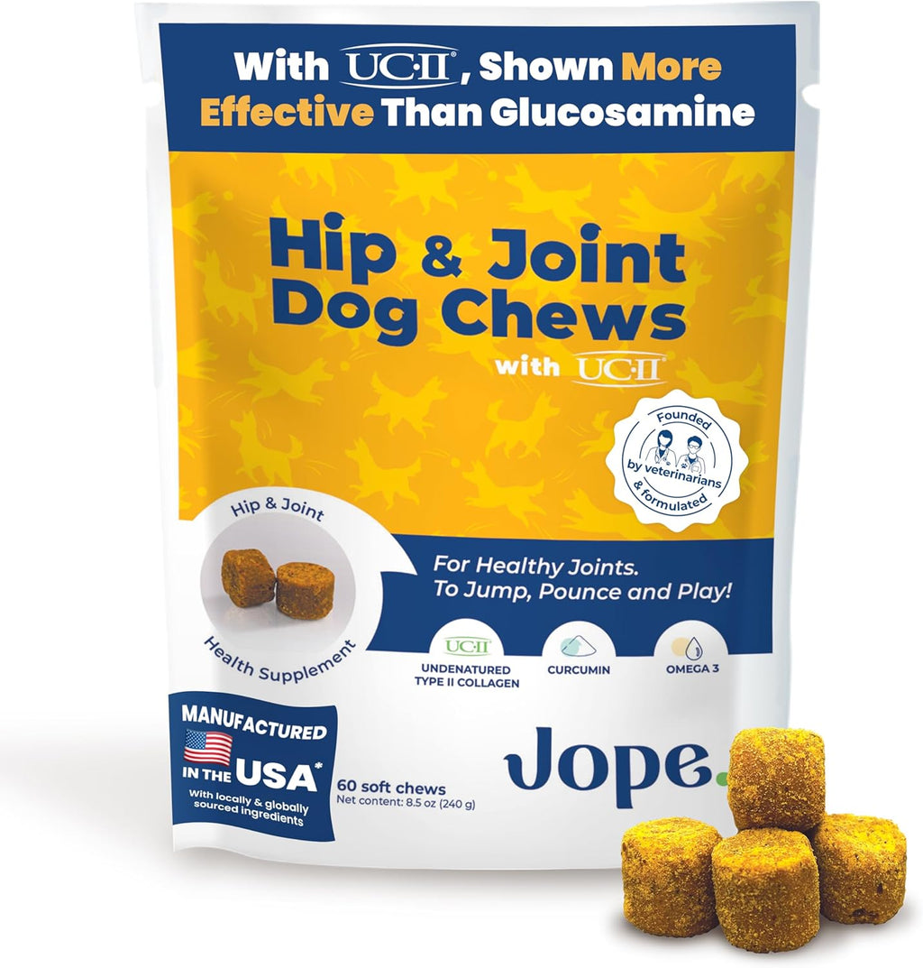 Jope Hip & Joint Supplement for Dogs Large, Medium, Small - Joint Chews w/UC-II® Collagen - Proven Better Than Glucosamine Chondroitin in Canine Health - Veterinarian Formulated, Omega 3 & Curcumin