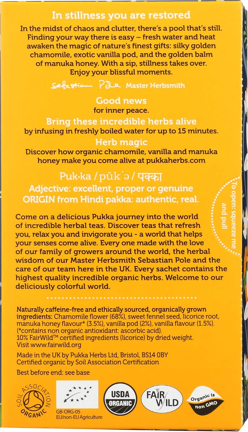 Pukka Calming Chamomile, Vanilla & Manuka Honey Organic Herbal Tea, Soothing Organic Tea Infusion Selection, Honey & Fennel Blend, Caffeine Free, 20 Total Tea Bags (Pack of 2)