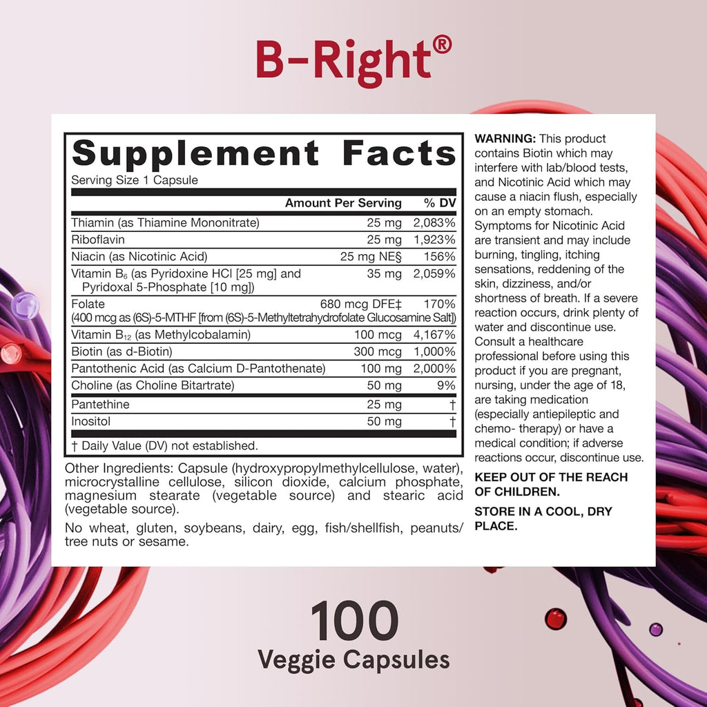 Jarrow Formulas B-Right, Optimized B Complex Featuring Vitamin B1, B2, B5, B6, B12 and B9 to Support Cellular Energy, Immune Health and Stress Management, 100 Veggie Capsules, Up to a 100 Day Supply