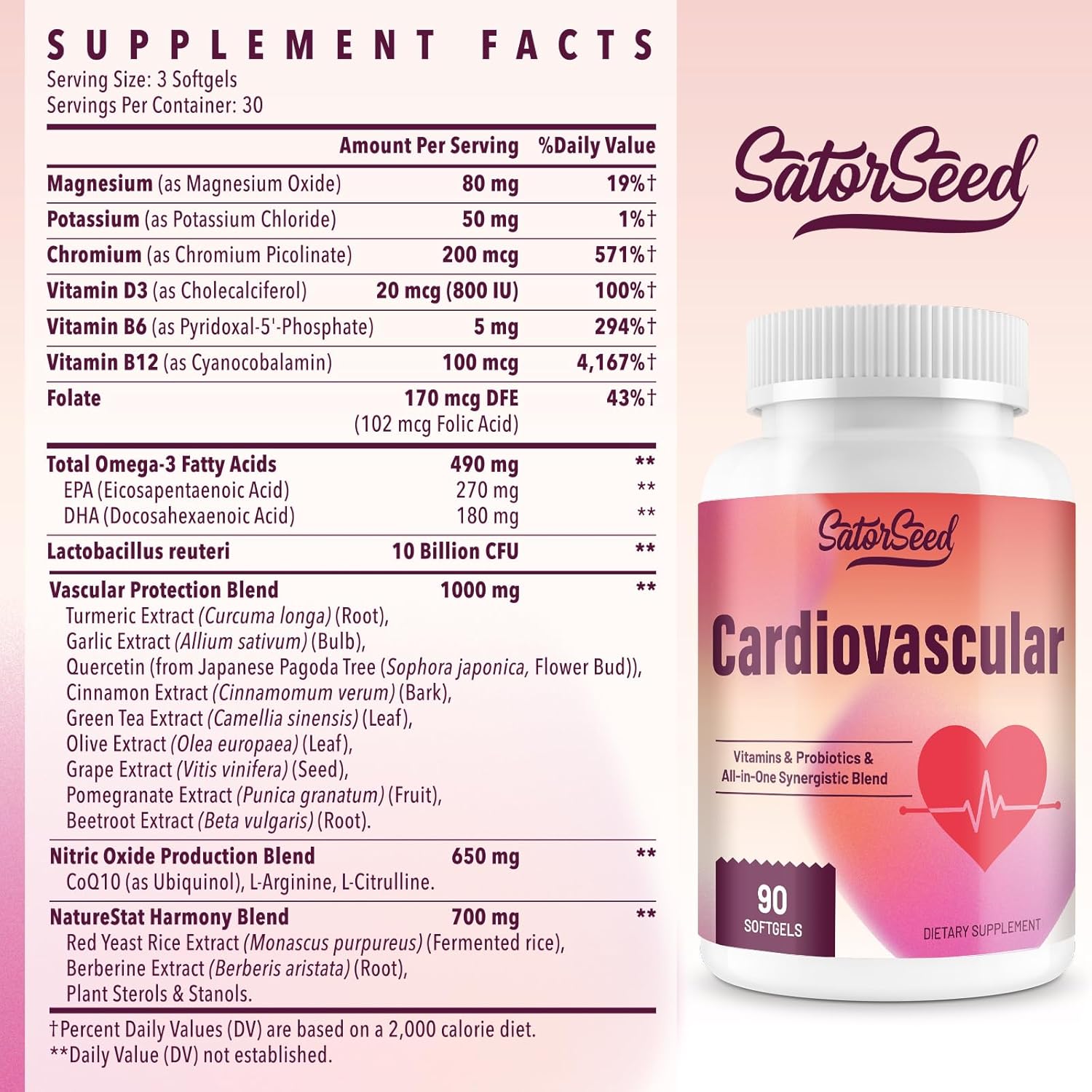 Cardiovascular Supplement 3000mg – Vitamins, Probiotics, Omega-3, and CoQ10 All-in-One Synergistic Blend for Adults – 90 Softgels