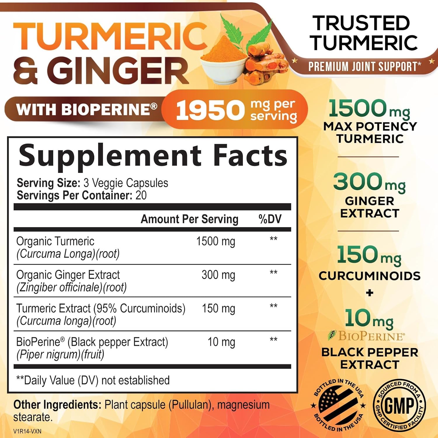 Turmeric Curcumin Supplement 1950mg - 95% Curcuminoids with Organic Turmeric & Ginger, BioPerine Black Pepper for Best Absorption, Nature's Vegan Joint Support, Non-GMO, Bottled in USA - 60 Capsules